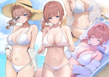 Rule 34 | 1girl, bare shoulders, bikini, blue eyes, blush, breasts, brown hair, chair, cleavage, closed eyes, closed mouth, hat, highres, large breasts, long hair, looking at viewer, lying, mochizuki honami, navel, on back, open mouth, project sekai, shawl, side ponytail, sidelocks, solo, stomach, straw hat, sun, swimsuit, usagi melon3, white bikini, white shawl