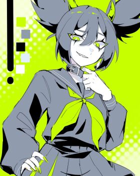 1girl :d adjusting_collar bags_under_eyes breasts bright_pupils collar colored_skin commentary_request demon_horns double-parted_bangs double_bun frion622 from_below green_background green_eyes green_horns green_neckerchief grey_collar grey_hair grey_sailor_collar grey_skirt grin hair_between_eyes hair_bun halftone halftone_background hand_on_own_hip highres horns limited_palette long_sleeves looking_at_viewer miniskirt neckerchief open_mouth original pleated_skirt puffy_long_sleeves puffy_sleeves sailor_collar school_uniform sharp_teeth short_hair simple_background skirt small_breasts smile solo standing teeth tsurime upper_body white_pupils white_skin