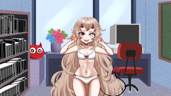 1girl absurdres alienmangap belly bikini book bookshelf breasts ch4i chair choomba commission flat_chest flower flower_pot highres horns indie_virtual_youtuber indoors katabasis knee_up knees_up looking_at_viewer navel open_mouth pointy_ears red_eyes small_breasts smile swimsuit table tail virtual_youtuber white_bikini window