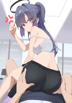 1boy 1girl absurdres anger_vein ass black_shorts blue_archive blush breasts camisole dolphin_shorts girl_on_top halo highres hoshi_kitsune long_hair looking_back mechanical_halo pov purple_eyes purple_hair raised_fist short_shorts shorts straddling white_camisole yuuka_(blue_archive)