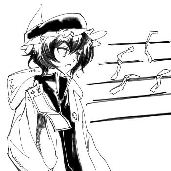 1other androgynous barbed_wire buttons chinese_commentary collared_shirt commentary commentary_request detached_hood english_commentary frilled_headwear greyscale hair_between_eyes hat high_collar highres holding holding_paper hood hood_down hooded_jacket jacket len&#039;en long_sleeves looking_to_the_side mixed-language_commentary mob_cap monochrome open_clothes open_jacket open_mouth other_focus paper pointy_nose shirt shitodo_kuroji short_hair simple_background slit_pupils solo triangular_headpiece upper_body white_background wide_sleeves yancao_(pixiv_103434280) zipper