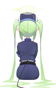 absurdres armband ass belt blue_archive commentary demon_tail earrings from_behind green_hair hat highres jewelry long_hair nape nozomi_(blue_archive) pantylines pointy_ears shorts sidelocks simple_background single_earring sitting sseng_00 tail train_conductor twintails undershirt