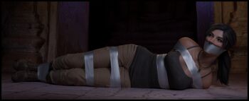 1girl 3d absurdres arms_behind_back bdsm bondage bound bound_ankles bound_arms bound_legs breasts brown_eyes brown_hair gag gagged highres improvised_gag jewelry lara_croft lord_kamski necklace tape tape_bondage tape_gag tomb_raider tomb_raider_(reboot)