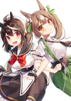 Rule 34 | 2girls, absurdres, ahoge, animal ears, beret, black corset, black gloves, black hair, black neckerchief, black sailor collar, black skirt, blush, bow, breasts, brown eyes, brown hair, closed mouth, commentary request, corset, double-parted bangs, fingerless gloves, gloves, green skirt, hair between eyes, hair ornament, hair ribbon, hat, highres, horse ears, horse girl, horse tail, kitasan black (umamusume), large breasts, locked arms, long hair, looking at viewer, multicolored hair, multiple girls, neckerchief, open mouth, red bow, red eyes, ribbon, sailor collar, satono diamond (umamusume), shirt, short sleeves, simple background, skirt, smile, star (symbol), star hair ornament, streaked hair, suspender skirt, suspenders, tail, twintails, umamusume, very long hair, white background, white hair, white sailor collar, white shirt, yoru usagi