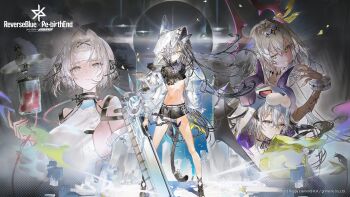 Rule 34 | 4girls, animal ear headwear, animal ears, artist request, black skirt, black tail, blood, blood bag, breasts, cat tail, character request, commentary request, dark-skinned female, dark skin, demon horns, demon wings, dress, fake animal ears, grey hair, hair intakes, hair ornament, headband, highres, holding, holding sword, holding weapon, hood, hooded jacket, horn ornament, horn ribbon, horned hood, horns, huge weapon, hugging doll, hugging object, intravenous drip, jacket, jewelry, miniskirt, multiple girls, navel, official art, reverseblue x re-birthend, ribbon, short hair, sideboob, skirt, sword, tail, toy helicopter, underboob, weapon, white dress, white headband, white jacket, wings, x hair ornament, yellow eyes