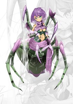 1girl absurdres arachne arthropod_girl blush body_markings breasts bridgeless_bra bug carapace commentary_request different_zoom_layer dot_nose extra_legs full_body green_eyes hair_between_eyes highres insect_girl mandibles medium_breasts medium_hair monster_girl multiple_legs navel original pink_nails purple_hair shitoi_(aqua1487) silk smile solo spider spider_girl spider_web taur zoom_layer