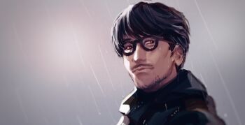 1boy anthonykaen beard black-framed_eyewear black_eyes black_hair black_jacket chinese_commentary closed_mouth commentary_request facial_hair glasses grey_background jacket kojima_hideo looking_to_the_side male_focus mustache nose rain real_life round_eyewear short_hair solo swept_bangs