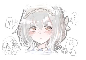 Rule 34 | ..., 1other, 2girls, :d, ?, blue shirt, blush, brown eyes, brown hairband, character request, check character, chibi, collared shirt, commentary request, forehead, gakuen idolmaster, grey hair, hair between eyes, hair ornament, hairband, hairclip, highres, hiwatari kanae, idolmaster, kawamochi (kawauti919), kuramoto china, multiple girls, open mouth, p-head producer, parted bangs, parted lips, producer (idolmaster), shirt, simple background, smile, sparkle, spoken ellipsis, spoken question mark, white background