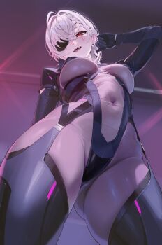 1girl arm_up bodysuit braid braided_bangs breasts covered_navel crossed_bangs earrings eyepatch from_below grey_bodysuit grey_hair hair_between_eyes hashtag-only_commentary highres impossible_bodysuit impossible_clothes indie_virtual_youtuber jewelry large_breasts looking_at_viewer open_mouth red_eyes saruei_(vtuber) scar scar_across_eye scar_on_face smile solo stud_earrings thick_thighs thighs virtual_youtuber yd_(orange_maru)