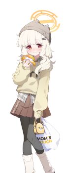 1girl aoba_(blue_archive) aoba_(mom's_touch)_(blue_archive) beanie black_pantyhose blue_archive blush brown_skirt burger fluffy_hair food grey_hat hair_ornament hairclip halo hat highres holding holding_burger holding_food kneehighs long_sleeves looking_at_viewer low_twintails miniskirt mom's_touch official_alternate_costume official_art orange_halo pantyhose parallel_hairclips plaid_clothes plaid_shirt pleated_skirt red_eyes shirt skirt socks solo sweatdrop sweater twintails white_background white_socks