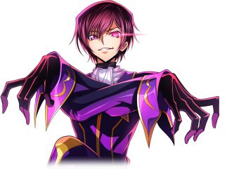 1boy artist_request ascot black_gloves black_hair coat code_geass code_geass:_lost_stories cropped_torso crossed_arms eye_trail game_cg geass gloves glowing glowing_eye grin hair_between_eyes hands_up happy highres lelouch_vi_britannia light_trail long_sleeves looking_at_viewer male_focus non-web_source official_art purple_coat purple_eyes short_hair sidelocks simple_background smile solo teeth transparent_background underlighting upper_body v-shaped_eyebrows white_ascot zero_(code_geass)