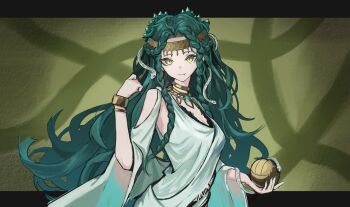 1girl absurdres apple_of_eden aqua_hair assassin&#039;s_creed_(series) bracelet breasts cleavage closed_mouth clothing_cutout dress fang fang_out gem gem_hair_ornament gold_bracelet gold_choker gold_headband green_background green_eyes green_gemstone hands_up highres hissabeth hissabeth_(serpentine_primavera) jewelry letterboxed long_hair looking_at_viewer official_alternate_costume outside_border red_pupils reiry_(0ry_rei) reverse:1999 shoulder_cutout slit_pupils smile snake snake_on_head solo upper_body very_long_hair white_dress wide_sleeves