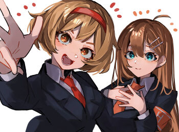 Rule 34 | 2girls, :d, armband, blue eyes, brown eyes, brown hair, collared shirt, hair ornament, hairband, hairclip, highres, hod (project moon), lobotomy corporation, long hair, long sleeves, looking at viewer, malkuth (project moon), multiple girls, nakame77, necktie, open mouth, orange armband, orange necktie, project moon, red hairband, red necktie, shirt, short hair, simple background, smile, standing, upper body, white background, white shirt