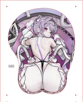 1girl ass ass_mousepad backless_leotard backless_outfit commentary english_commentary from_behind goddess_of_victory:_nikke highres leotard liberalio_(nikke) looking_at_viewer looking_back molar_breaker pantyhose purple_hair red_eyes solo white_background white_leotard white_pantyhose