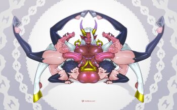 1futa 2boys animal_penis black_thighhighs blue_eyes breasts dark_skin demon_girl demon_horns demon_tail extra_penises futa_with_male futanari highres horn_ornament horn_ring horns horse_penis huge_breasts huge_penis huge_testicles large_testicles multiple_boys nipple_piercing nipples original penis piercing single_horn tail tailbox testicles thighhighs