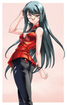 1girl ass bare_shoulders blue_hair breasts covered_erect_nipples female_focus glasses hair_ornament hairclip long_hair medium_breasts one_eye_closed sabadri solo uguisu_kagura wink yellow_eyes