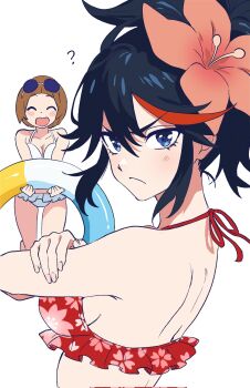 2girls annoyed bare_shoulders bikini black_hair blue_eyes bob_cut breasts eyewear_on_head flower frilled_bikini frills hair_flower hair_ornament highres inflatable_toy kill_la_kill looking_at_viewer mankanshoku_mako matoi_ryuuko multicolored_hair multiple_girls open_mouth red_bikini serious shoulder_blades sideboob sidelocks sisi_am1011 sunglasses swimsuit upper_body white_bikini