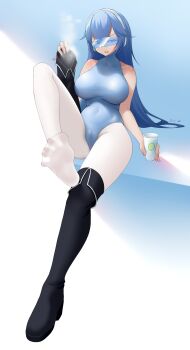 1girl absurdres blue_eyes blue_hair boots cameltoe feet highres j.c.14 leotard long_hair looking_at_viewer open_mouth original pantyhose shoes soles thigh_boots toes unworn_boots unworn_shoes white_pantyhose