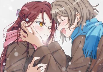 Rule 34 | 2girls, :d, absurdres, blue scarf, blush, brown coat, coat, commentary request, half updo, hands on another's cheeks, hands on another's face, heads together, highres, long hair, long sleeves, love live!, love live! sunshine!!, multiple girls, one eye closed, open mouth, pink scarf, profile, red hair, sakurauchi riko, scarf, short hair, simple background, smile, snowing, watanabe you, white background, winter clothes, winter coat, yellow eyes, yuchi (salmon-1000)
