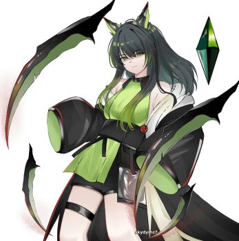 1girl absurdres arknights bare_shoulders black_coat black_hair closed_mouth coat colored_inner_hair commentary cowboy_shot crystal dr.deims_(dim5s) emoji english_commentary eye_trail green_eyes green_hair highres light_trail looking_at_viewer medium_hair mon3tr_(arknights) multicolored_hair off_shoulder red_pupils redrawn simple_background smug solo standing thigh_strap twitter_username watermark white_background