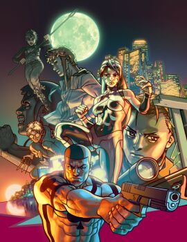 aiming austin_kinnian between_fingers black_hair blonde_hair chad_walker city facial_mark fighting_stance full_moon gaio gun handgun hellhound_chronicle_(history_asunder) holding holding_knife jacket jumping knife knives_between_fingers long_hair long_sideburns marksman md5_mismatch moon multiple_boys multiple_girls muscular nanase_uzuki nathaniel_brooks ninja pistol polearm rifle shaved_head short_hair sideburns skin_tight sniper sniper_rifle spear squatting sun sunglasses veins weapon william_mason