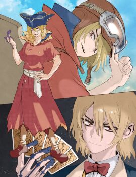 1boy adjusting_clothes adjusting_headwear belt blonde_hair bow bowtie card coat dr._stone full_body goggles goggles_on_head goggles_on_headwear hair_between_eyes hand_on_headwear hand_on_own_hip hat helmet holding holding_card looking_at_viewer male_focus multiple_views nanami_ryuusui ninomae_gin open_mouth pirate_hat red_bow red_bowtie red_coat red_eyes shirt short_hair sky smile