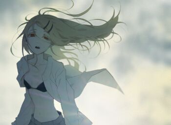 1girl bikini bikini_top_only black_bikini blonde_hair collarbone commentary_request flat_chest floating_clothes floating_hair gakuen_idolmaster hair_ornament hairclip idolmaster long_hair off_shoulder parted_lips party red_eyes ribs shinosawa_hiro shironism shirt solo swimsuit white_shirt