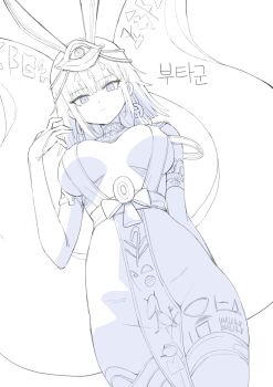 1girl absurdres ancient_egyptian_clothes animal_ears bare_shoulders blue_eyes breasts breasts_apart bridal_gauntlets circlet closed_mouth collar commission cowboy_shot egyptian_mythology expressionless eye_of_horus genderswap genderswap_(mtf) hand_up highres jewelry large_breasts looking_at_viewer monochrome no_bra no_panties nogong original pelvic_curtain rabbit_ears revealing_clothes set_(mythology) short_hair simple_background solo spot_color thighlet thighs