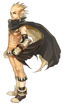 1boy ankle_cuffs armor artist_request asgard black_cloak black_gloves blonde_hair capri_pants cloak cloak_pull covered_pectorals double-parted_hair earrings elbow_gloves expressionless fingerless_gloves fingernails foot_wraps from_side full_body gauntlets gloves gold_armor impasto jewelry legs_together light_frown looking_at_viewer male_focus monk_(asgard) nexon nose official_art orange_pants orange_shirt pants pectorals second-party_source shirt short_hair sleeveless sleeveless_shirt spiked_hair standing toenails toes two-sided_cloak two-sided_fabric vambraces yellow_eyes