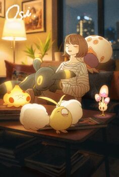 1girl alternate_color animated beak bird blinking book book_stack brown_hair brown_pants clobbopus closed_eyes closed_mouth coffee_table colored_sclera commentary_request couch cutiefly gen_2_pokemon gen_3_pokemon gen_7_pokemon gen_8_pokemon highres indoors lamp long_sleeves massage morelull mushroom nintendo octopus open_mouth oshiruko_(oshiruko_s2) pants picture_frame pillow pokemon pokemon_(creature) red_sclera shiny_pokemon shirt short_hair shroomsworth_(pmd-explorers) sitting slice_of_life smile striped_clothes striped_shirt swablu table tagme umbreon video window wings