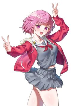 1girl arm_up blunt_bangs blush commentary_request cowboy_shot double_v grey_shirt grey_skirt highres hood hood_down hooded_jacket jacket kadokadokado looking_at_viewer midriff_peek miyamasuzaka_girls'_academy_school_uniform navel neckerchief ootori_emu open_clothes open_jacket open_mouth pink_eyes pink_hair pleated_skirt project_sekai red_jacket red_neckerchief sailor_collar school_uniform shirt short_hair simple_background skirt smile solo thighs v white_background white_sailor_collar