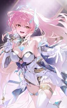 Rule 34 | 1girl, aemeath (wuthering waves), bare shoulders, breasts, cleavage, commentary, elbow gloves, gloves, hashtag-only commentary, highres, holding, holding microphone, leotard, long hair, looking at viewer, medium breasts, microphone, mole, mole on shoulder, outstretched arm, pink hair, ponytail, sabotensuteeki, showgirl skirt, skirt, smile, solo, star-shaped pupils, star (symbol), symbol-shaped pupils, tacet mark (wuthering waves), thighs, white gloves, white leotard, white skirt, wuthering waves