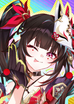 1girl absurdres bare_shoulders black_choker black_gloves black_hair blunt_bangs cancancancan chinese_commentary choker commentary_request facial_mark fox_mask gloves hair_ornament hair_ribbon highres honkai:_star_rail honkai_(series) long_hair looking_at_viewer mask mask_on_head one_eye_closed pink_eyes purple_eyes red_ribbon ribbon smile solo sparkle_(honkai:_star_rail) tongue tongue_out twintails upper_body