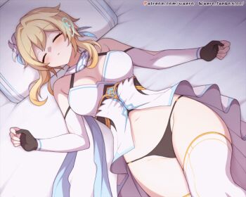 1girl animated animated_gif bare_shoulders bed_sheet black_panties blonde_hair blush breasts closed_eyes clothes_pull detached_sleeves disembodied_hand dress dress_pull flower from_above genshin_impact gloves hair_flower hair_ornament large_breasts large_variant_set long_sleeves lumine_(genshin_impact) lying navel nipples on_back on_bed panties parted_lips partially_fingerless_gloves pillow pulling_another&#039;s_clothes sleep_molestation sleeping solo_focus thighhighs underwear variant_set waero white_dress white_flower white_thighhighs
