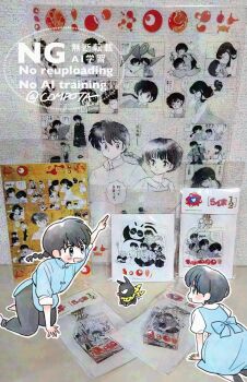 Rule 34 | 1boy, 1girl, :d, animal, artist name, black pants, black shoes, blue dress, braid, chibi, chinese clothes, con sonne, copyright name, dress, grey hair, highres, kneeling, official art inset, open mouth, p-chan, pale skin, pants, photo background, pig, pointing, ranma 1/2, saotome ranma, school uniform, shoes, short hair, single braid, smile, tendou akane, v-shaped eyebrows, watermark