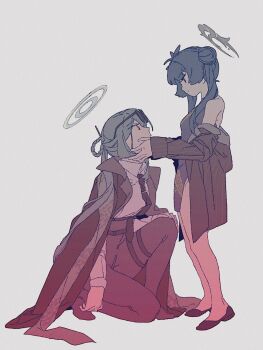 2girls bare_shoulders black_hair blue_archive carnivalaki china_dress chinese_clothes coat_partially_removed collared_shirt dress grey_hair halo hand_on_another's_face highres kisaki_(blue_archive) kneeling mina_(blue_archive) multiple_girls necktie shirt sleeveless sleeveless_dress yuri