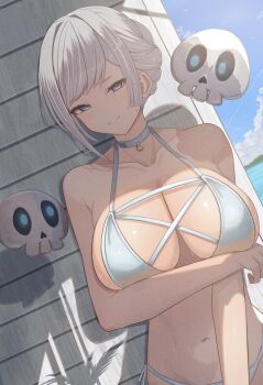1girl absurdres akershus_fortress_(oshiro_project) arm_under_breasts bikini blue_bikini blue_choker blue_eyes blue_sky blush braid breasts choker closed_mouth collarbone commentary_request commission day floating_skull grey_hair hanma_amnah highres large_breasts looking_at_viewer navel ocean oshiro_project:re outdoors second-party_source skeb_commission sky solo sweat swept_bangs swimsuit water