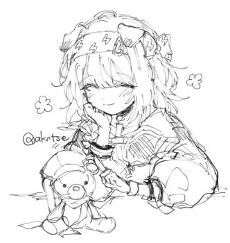 1girl animal_ears arknights blush cat_ears cat_girl closed_eyes commentary dot_nose floppy_ears goldenglow_(arknights) greyscale hairband hand_rest jacket lightning_bolt_print long_hair long_sleeves monochrome print_hairband seri_(akntse) simple_background smile solo stuffed_animal stuffed_toy teddy_bear twitter_username upper_body white_background