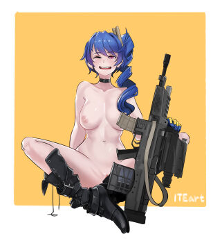 1girl 20x30mm_lv 20x30mm_lv_p_k168 absurdres airburst_grenade_launcher ammunition anti-materiel_cartridge artist_name assault_rifle belt_boots black_boots blue_gloves blue_hair blush bolt-action_grenade_launcher bolt_action boots bottomless breasts bullpup burst_fire_gun burst_fire_rifle cannon_cartridge carbine choker clitoris_slip collarbone computerized_scope daewoo_k11 earrings explosive girls'_frontline gloves grenade grenade_cartridge grenade_launcher gun highres indian_style jewelry k11_(girls'_frontline) large_breasts leather leather_choker long_hair messy_hair military_cartridge multi-weapon multiple-barrel_gun navel nipples nude one_eye_closed open_mouth orange_background practice_round precision-guided_firearm pussy pussy_peek red_eyes rifle scope side_ponytail sight_(weapon) single_earring sitting smile solo subsonic_ammunition teeth telescopic_sight thermal_weapon_sight two-tone_background two-tone_gloves underbarrel_assault_rifle underbarrel_rifle upper_teeth_only weapon white_background yan_jhia yellow_gloves