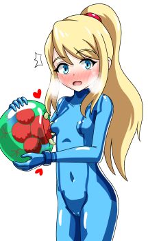 1girl absurdres aged_down alien blonde_hair blue_bodysuit blue_eyes blush bodysuit breast_sucking breast_sucking_through_clothes cameltoe heart high_ponytail highres loli long_hair looking_at_viewer metroid metroid_(creature) metroid_larva nintendo ponytail samus_aran simple_background sweatdrop white_background yiku1707 zero_suit