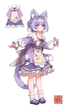 Rule 34 | 1girl, absurdres, animal ear fluff, animal ears, apron, braid, cat ears, cat girl, cat tail, chinese commentary, ci wen jian bu cun zai, clenched hand, colored tips, commentary request, dress, frilled skirt, frills, half up braid, highres, long sleeves, looking at viewer, mary janes, multicolored hair, original, puffy long sleeves, puffy sleeves, purple dress, purple eyes, purple hair, purple shoes, purple skirt, sash, shoes, short dress, short hair, simple background, skirt, skirt under dress, smile, socks, tail, two-tone hair, v, white background, white hair, white socks