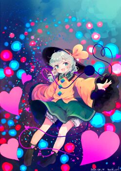 1girl absurdres artist_name black_boots black_hat bloomers boots buttons commentary_request danmaku dated diamond_button eyeball fang frilled_shirt_collar frilled_sleeves frills full_body green_eyes green_hair green_skirt hat hat_ribbon heart heart_of_string highres koishi_day komeiji_koishi long_sleeves looking_at_viewer open_mouth outstretched_arms ribbon shirt skin_fang skirt smile solo spread_arms third_eye toroid_(621997) touhou underwear white_bloomers wide_sleeves yellow_ribbon yellow_shirt