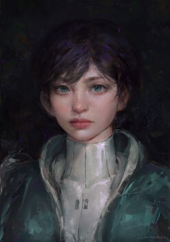 1girl absurdres aqua_eyes aqua_jacket bodysuit brown_hair brush_stroke closed_mouth dark_background expressionless highres hood hood_down jacket lips looking_at_viewer nose painterly parted_bangs photoshop_(medium) portrait realistic saharat_buarawong short_hair signature solo swept_bangs the_first_descendant turtleneck turtleneck_bodysuit valby_(the_first_descendant) white_bodysuit