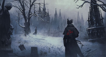 1boy 1girl bare_tree black_coat black_gloves black_hat bloodborne character_request coat flower gloves hat highres holding holding_behind_back holding_flower long_coat outdoors red_flower snow standing teradiam tree
