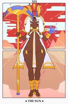 1girl ancient_egyptian card cloud cloudy_sky dark-skinned_female dark_skin datia_(kurosu169) highres holding holding_staff kurosu169 long_hair magic nail_polish no_panties original pyramid_(structure) red_eyes sky staff tarot tarot_card the_sun_(tarot) toenail_polish toenails white_hair