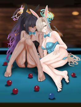 2girls absurdres animal_ears asuna_(blue_archive) asuna_(bunny)_(blue_archive) barefoot black_hair blonde_hair blue_archive blue_eyes breasts cleavage dark-skinned_female dark_skin fake_animal_ears feet foot_focus grin hair_over_one_eye hand_on_own_thigh highres karin_(blue_archive) karin_(bunny)_(blue_archive) kosyomochi long_hair looking_at_viewer multiple_girls playboy_bunny ponytail pool_table smile soles table toes yellow_eyes