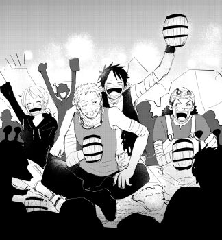 1girl 3boys arm_around_shoulder arm_up bandaged_arm bandages bare_shoulders beer_mug black_hair black_hoodie blush closed_eyes commentary_request cup facial_scar facing_viewer goggles goggles_on_headwear greyscale grin highres holding holding_cup hood hood_down hoodie indian_style low_twintails monkey_d._luffy monochrome mug multiple_boys nami_(one_piece) one_eye_closed one_piece open_mouth people roronoa_zoro scar scar_on_cheek scar_on_face short_hair silver_mssk sitting smile straw_hat_pirates tank_top twintails usopp