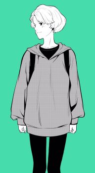 1girl backpack bag commentary_request cowboy_shot green_background greyscale_with_colored_background highres hood hooded_jacket hoodie jacket lee_(dragon_garou) light_blush looking_to_the_side original pants shirt_under_sweater short_hair sleeves_past_wrists smile solo straight_hair sweater