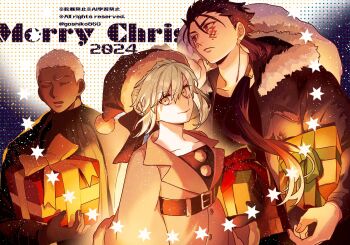 2024 angra_mainyu_(fate) artist_name artoria_pendragon_(fate) belt black_hair black_shirt body_markings brown_jacket christmas closed_eyes closed_mouth cu_chulainn_(fate) cu_chulainn_alter_(fate) emiya_alter english_text fate/grand_order fate_(series) frown gift goshiko86g hair_tubes hat highres holding holding_gift jacket looking_at_viewer looking_to_the_side parted_lips possessed possession red_eyes saber_alter santa_alter santa_hat shirt short_hair smile sweater very_short_hair white_hair yellow_eyes