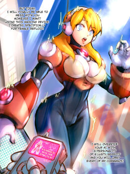 1girl alia_(mega_man) android blonde_hair blue_eyes breasts capcom chest_jewel controller english_text engrish_text gloves hacking hairband highres large_breasts long_hair mega_man_(series) mega_man_x_(series) minster_(dooke) open_mouth radio_antenna ranguage remote_control static tablet_pc teeth upper_teeth_only white_gloves